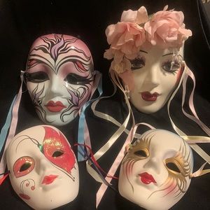 4 ceramic face masks - 2 are artist signed